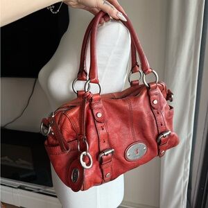 Fossil Red Leather Satchel with Silver Hardware